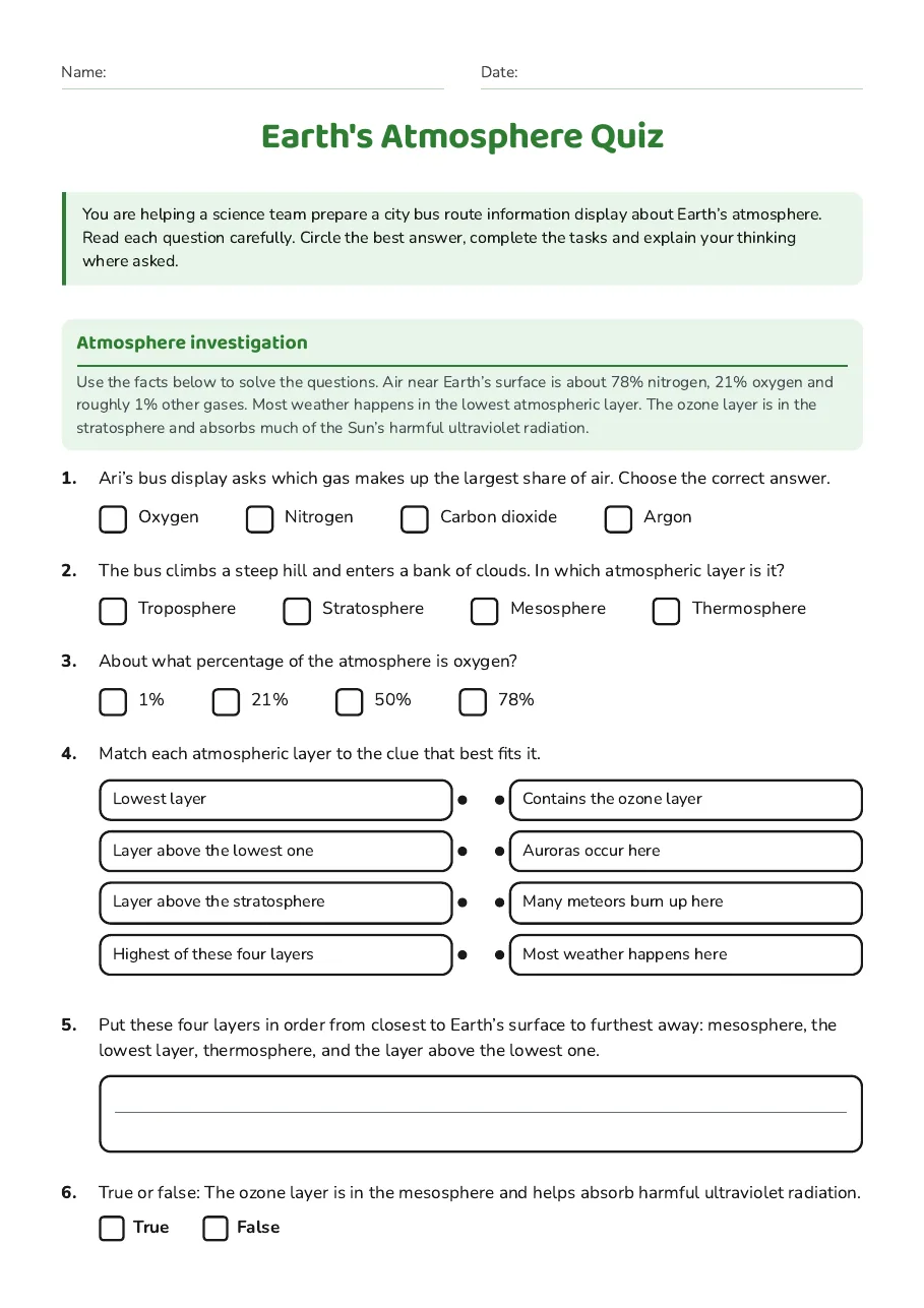 Earth's Atmosphere Quiz, page 1 of 2: Atmosphere investigation