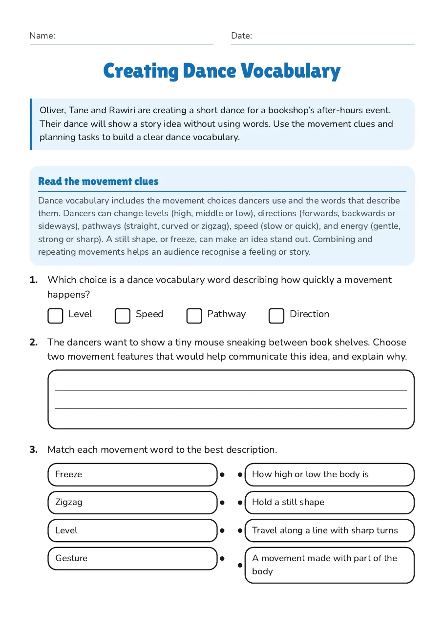 Creating Dance Vocabulary, page 1 of 3: Read the movement clues
