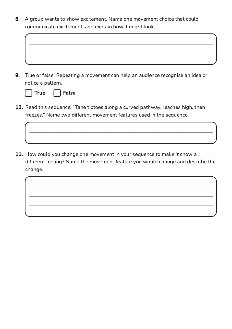 Creating Dance Vocabulary, page 3 of 3: 8. A group wants to show excitement. Name one movement choice that could