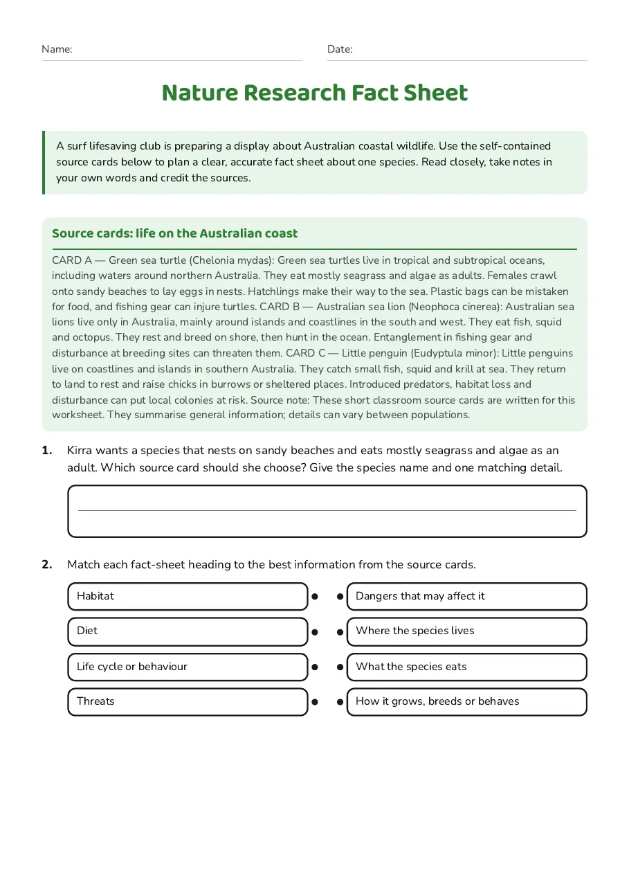 Nature Research Fact Sheet, page 1 of 3: Source cards: life on the Australian coast