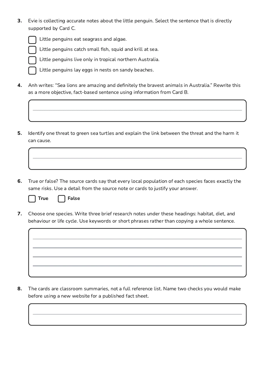 Nature Research Fact Sheet, page 2 of 3: 3. Evie is collecting accurate notes about the little penguin. Select the sentence that…