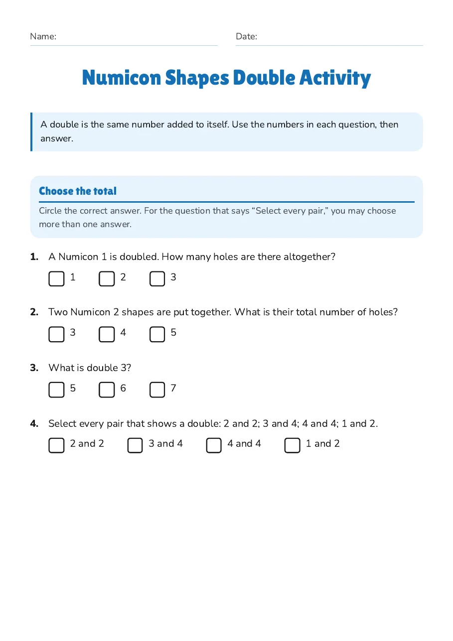 Numicon Shapes Double Activity, page 1 of 2: Choose the total