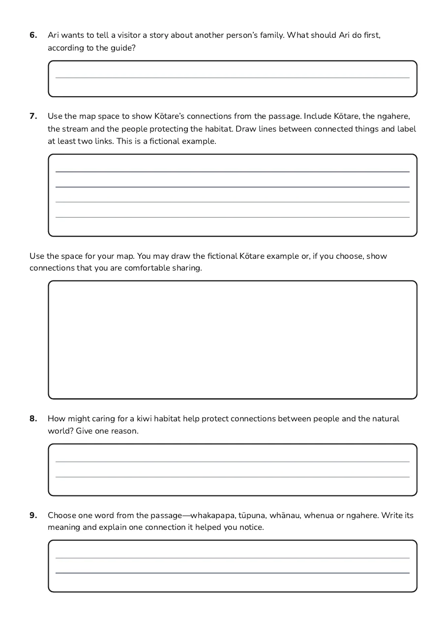 Whakapapa Connections Worksheet, page 2 of 2: 6. Ari wants to tell a visitor a story about another person’s family. What should Ari do…