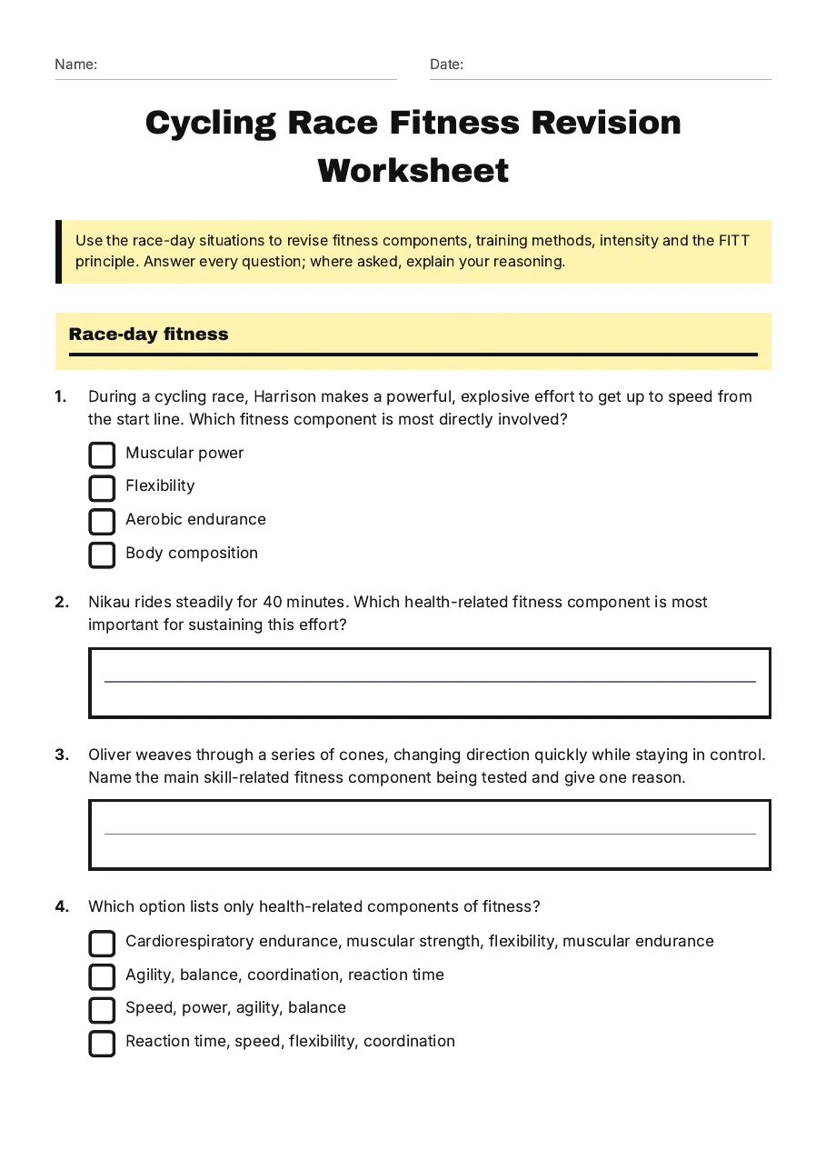 Cycling Race Fitness Revision Worksheet, page 1 of 3: Race-day fitness