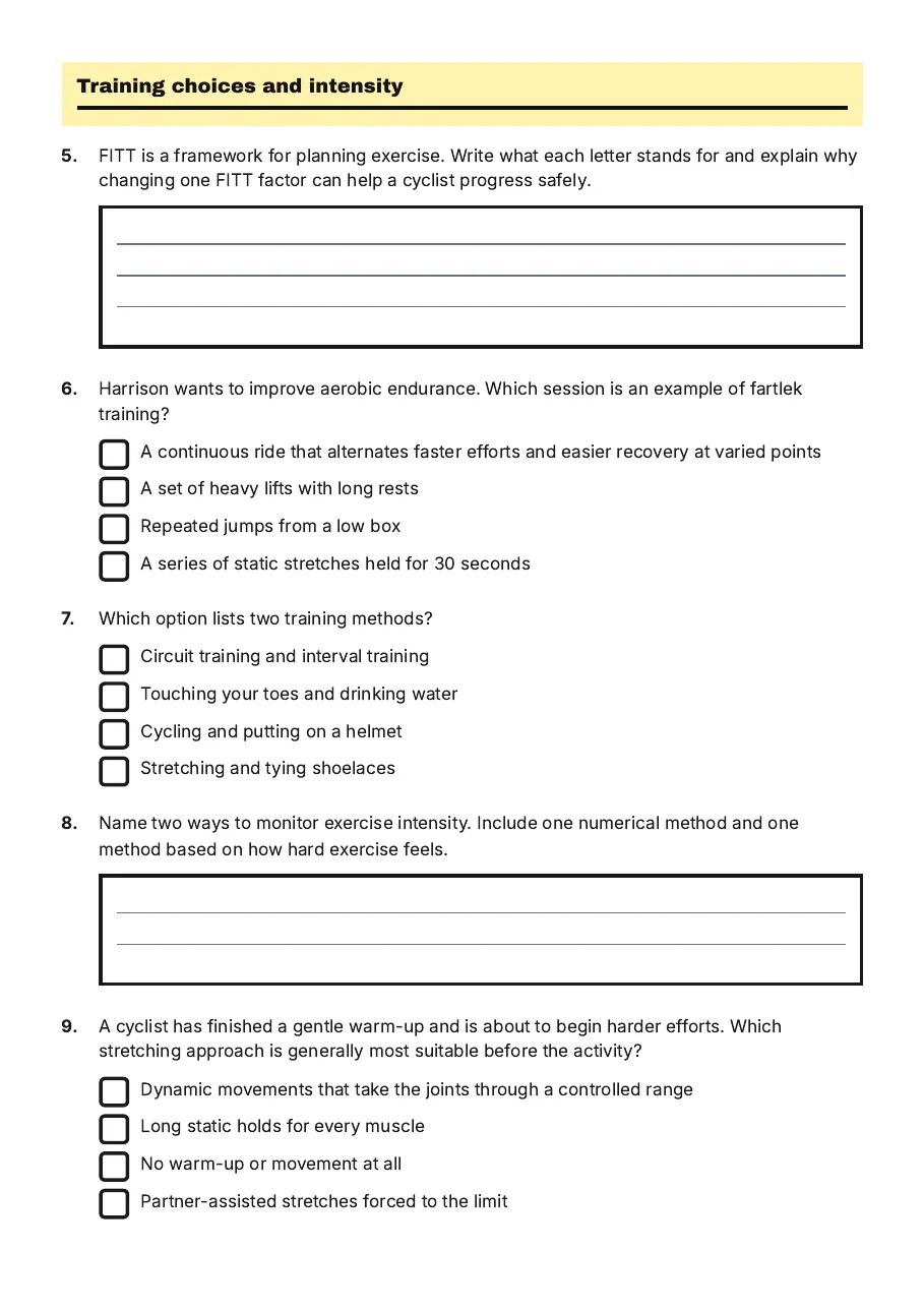 Cycling Race Fitness Revision Worksheet, page 2 of 3: Training choices and intensity