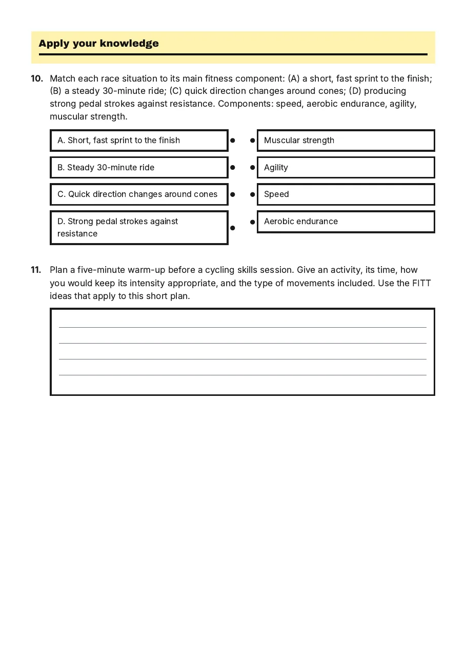Cycling Race Fitness Revision Worksheet, page 3 of 3: Apply your knowledge
