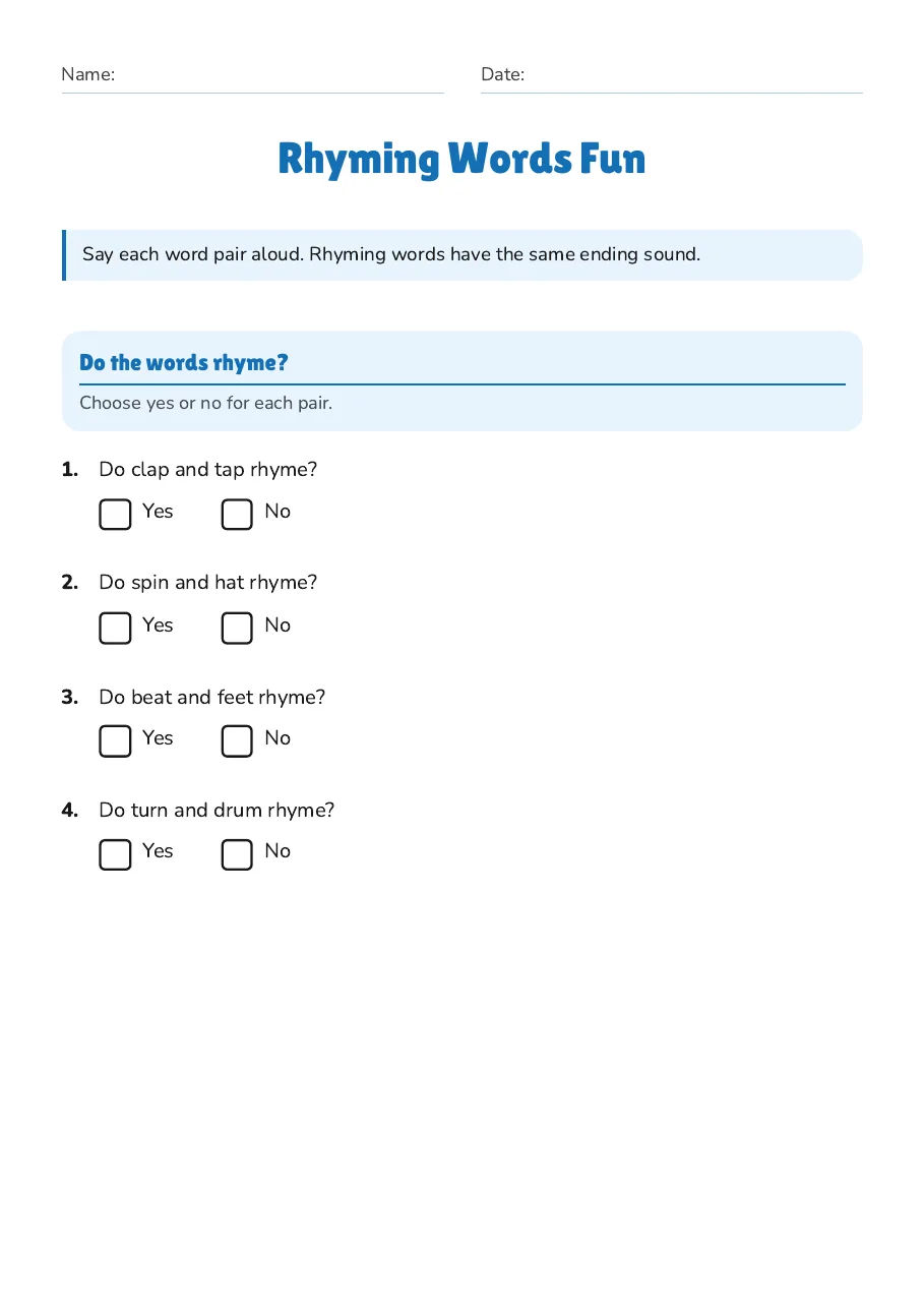 Rhyming Words Fun, page 1 of 2: Do the words rhyme?