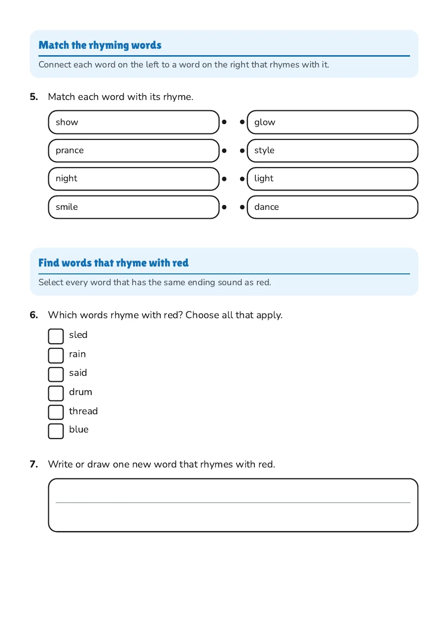 Rhyming Words Fun, page 2 of 2: Match the rhyming words, Find words that rhyme with red