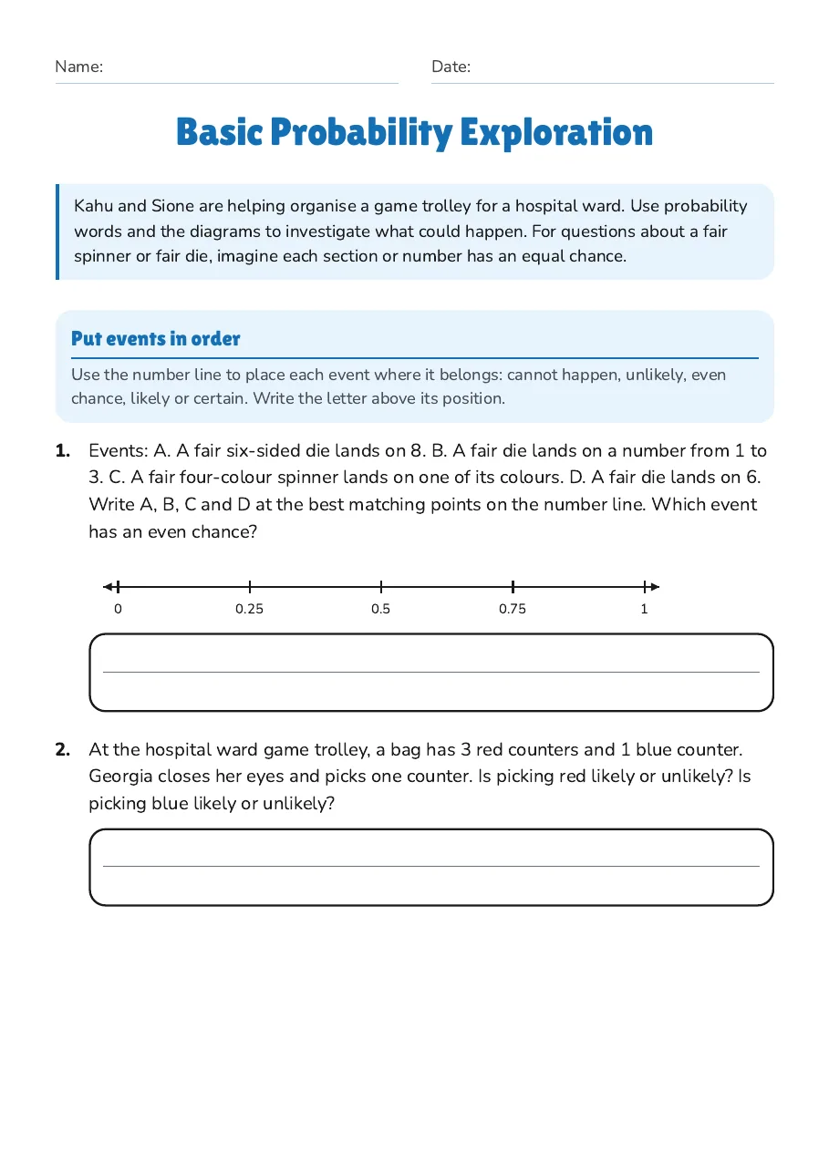 Basic Probability Exploration, page 1 of 3: Put events in order