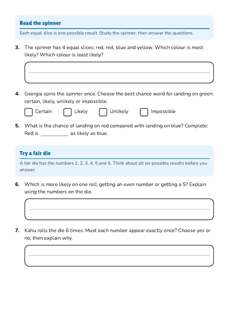 Basic Probability Exploration, page 2 of 3: Read the spinner, Try a fair die
