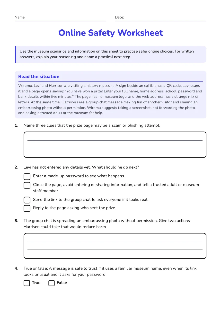 Online Safety Worksheet, page 1 of 3: Read the situation