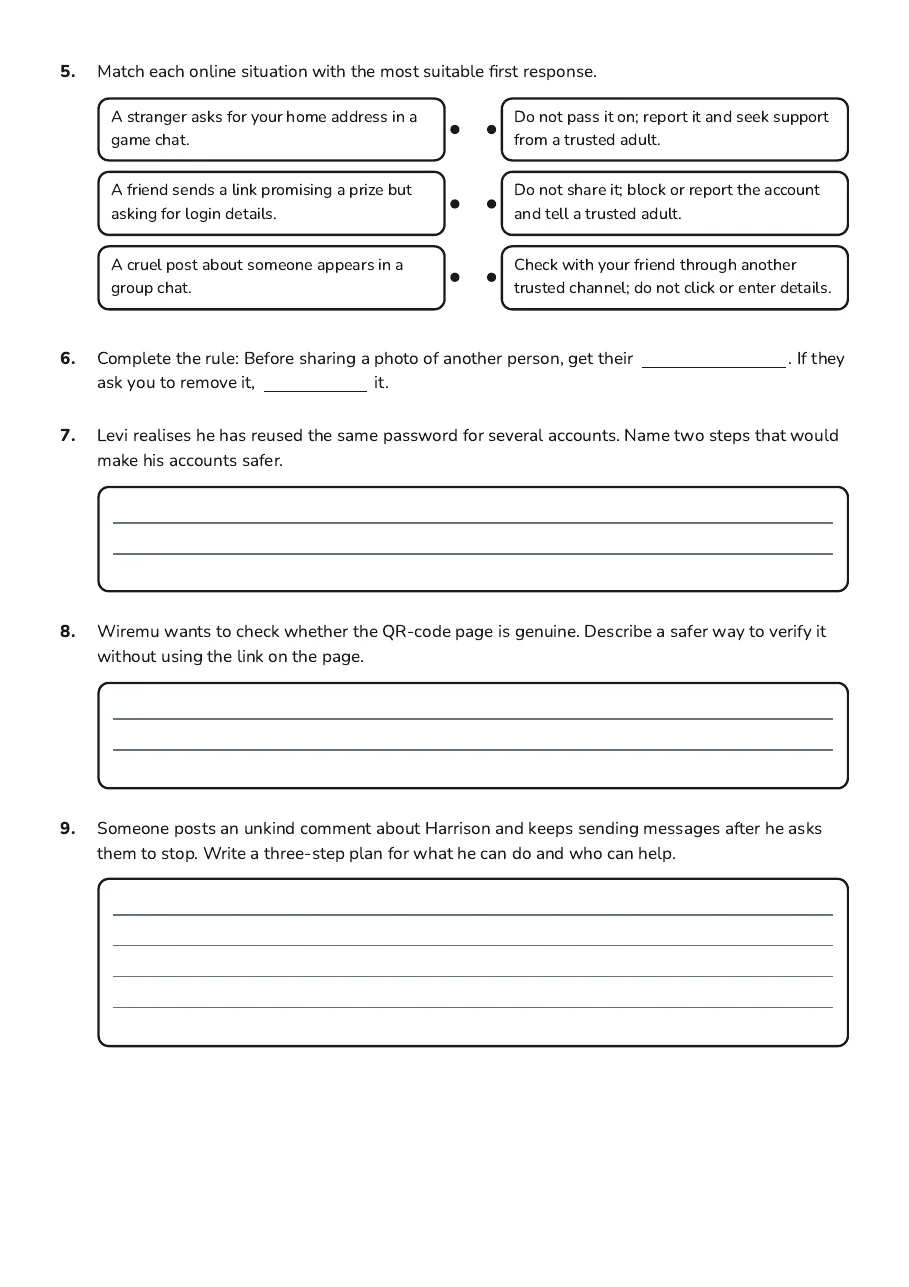 Online Safety Worksheet, page 2 of 3: 5. Match each online situation with the most suitable first response.