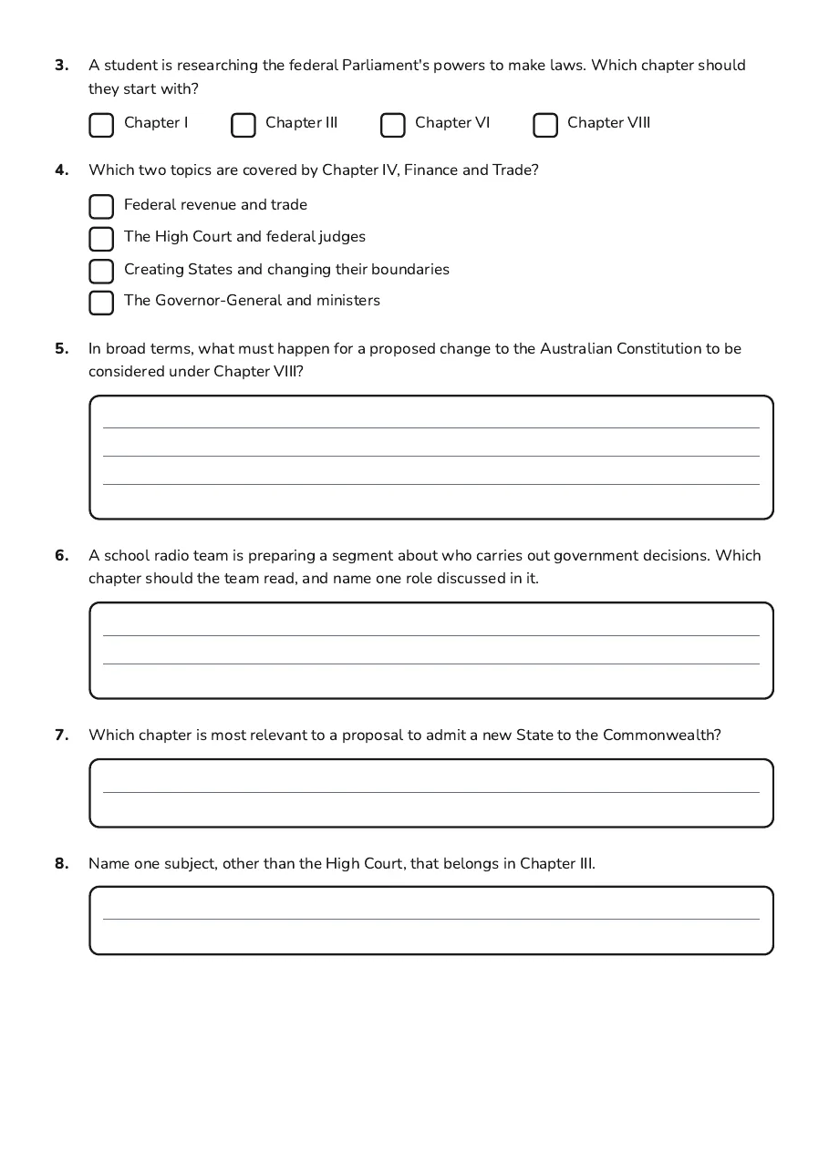 Commonwealth Constitution Overview, page 3 of 3: 3. A student is researching the federal Parliament's powers to make laws. Which chapter…