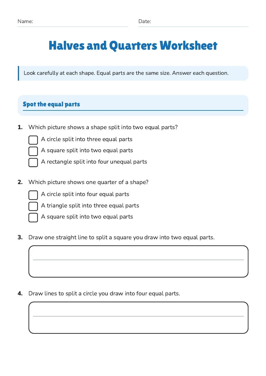 Halves and Quarters Worksheet, page 1 of 3: Spot the equal parts