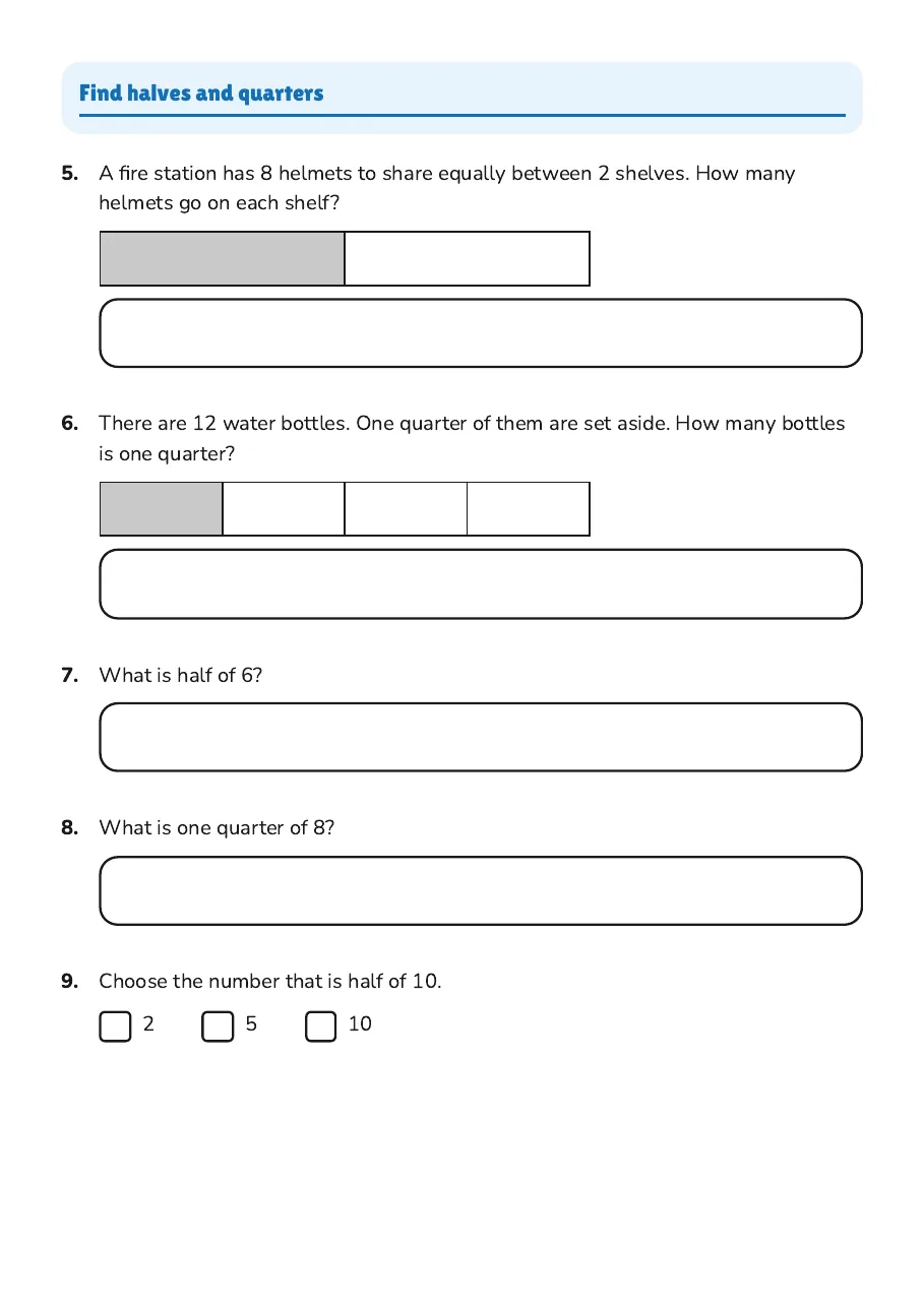 Halves and Quarters Worksheet, page 2 of 3: Find halves and quarters
