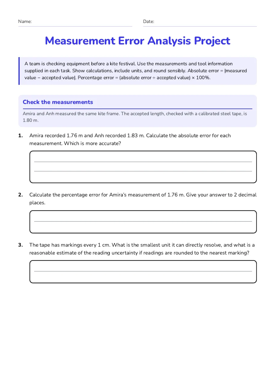 Measurement Error Analysis Project, page 1 of 3: Check the measurements