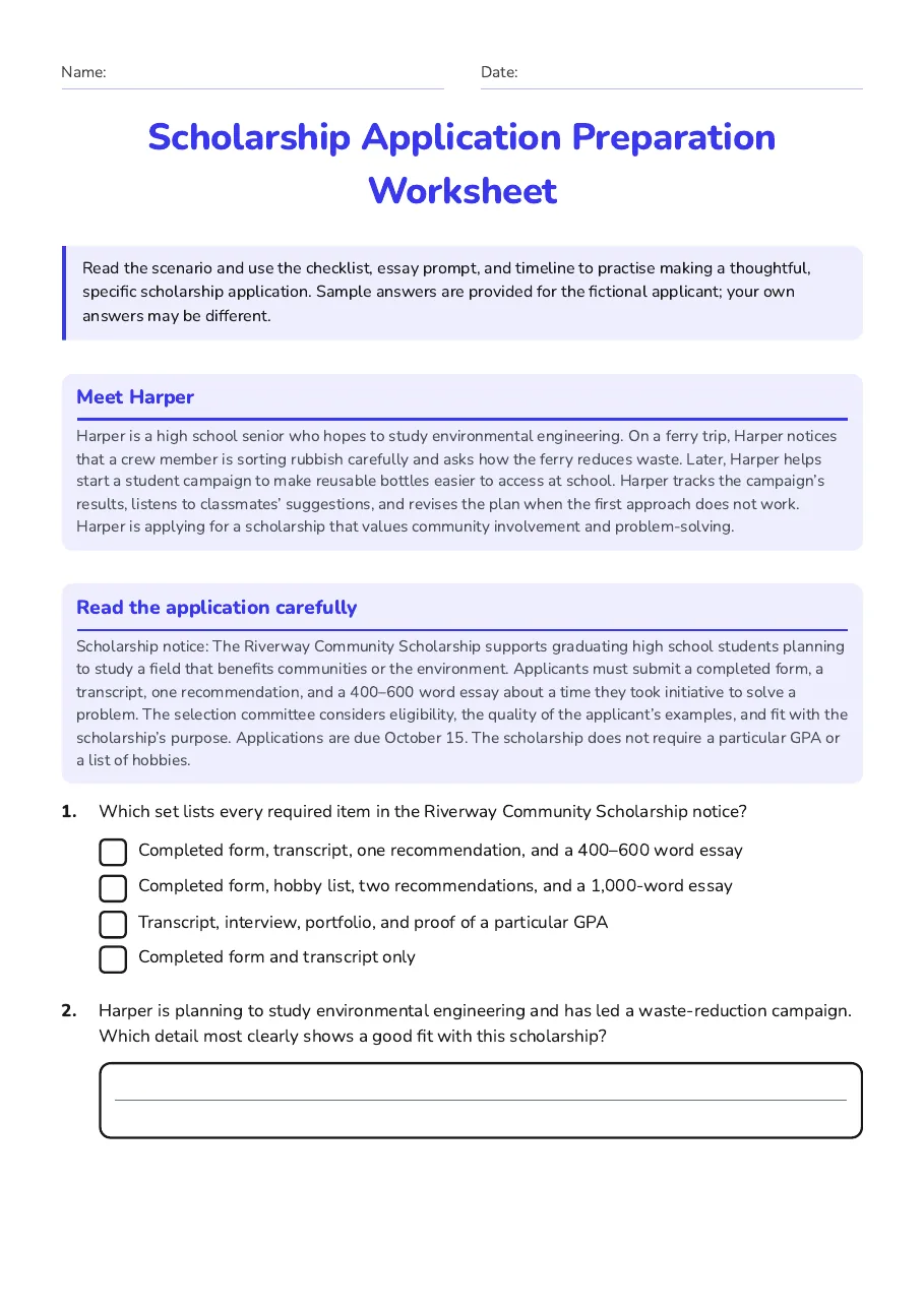 Scholarship Application Preparation Worksheet, page 1 of 4: Meet Harper, Read the application carefully