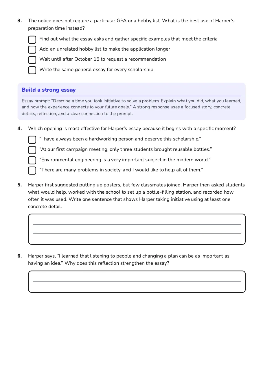 Scholarship Application Preparation Worksheet, page 2 of 4: Build a strong essay