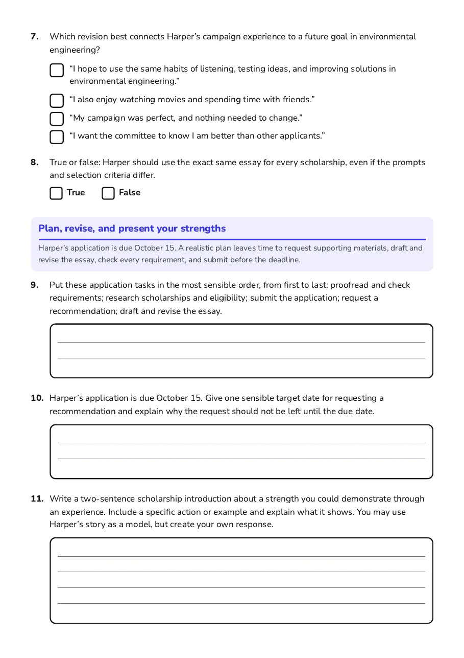 Scholarship Application Preparation Worksheet, page 3 of 4: Plan, revise, and present your strengths
