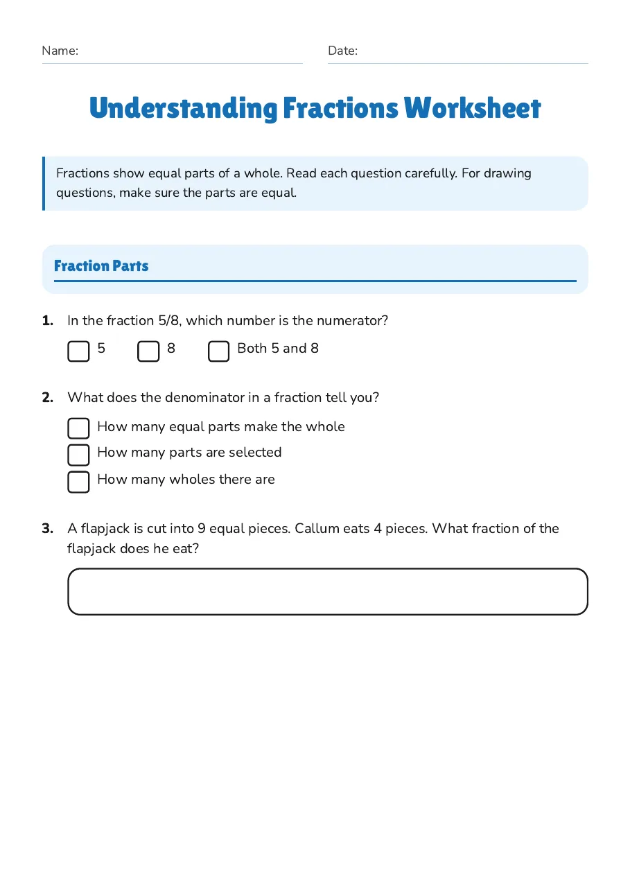 Understanding Fractions Worksheet, page 1 of 3: Fraction Parts