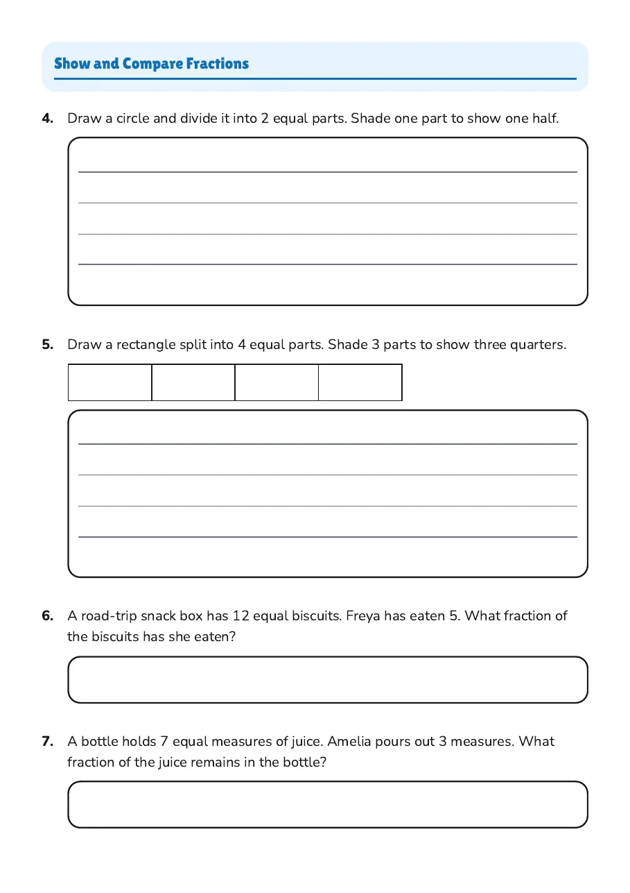 Understanding Fractions Worksheet, page 2 of 3: Show and Compare Fractions