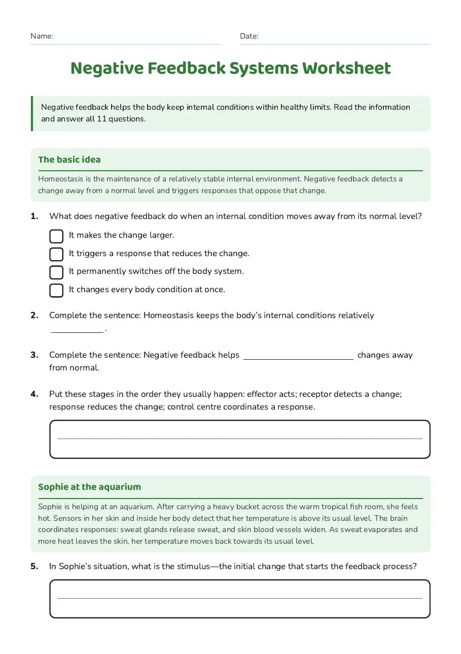 Negative Feedback Systems Worksheet, page 1 of 3: The basic idea, Sophie at the aquarium