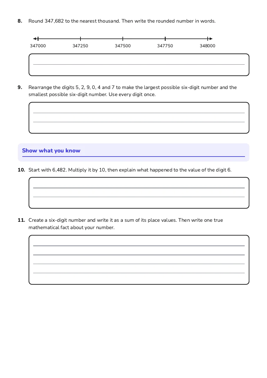 Base Ten Place Value, page 2 of 2: Show what you know