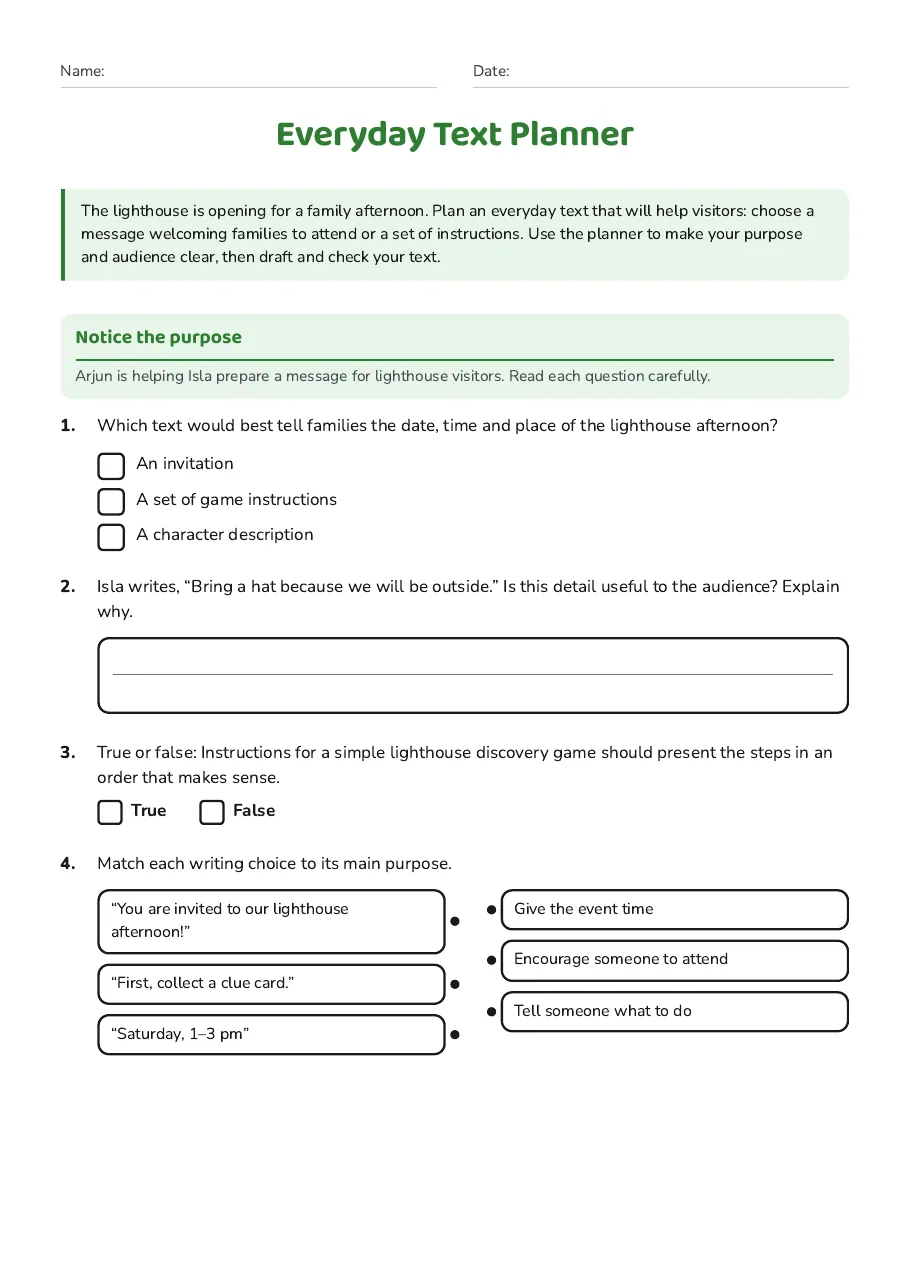 Everyday Text Planner, page 1 of 3: Notice the purpose