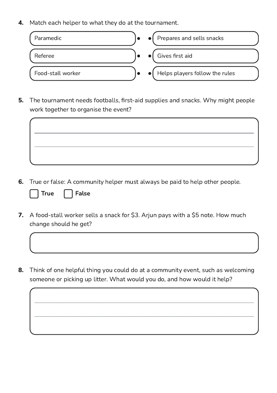 Community Helpers Introduction, page 2 of 3: 4. Match each helper to what they do at the tournament.