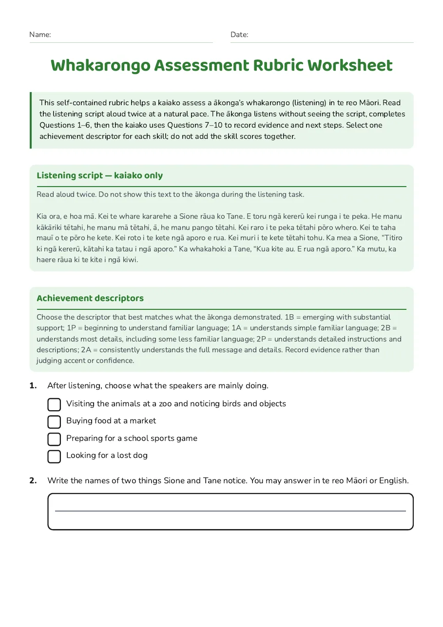 Whakarongo Assessment Rubric Worksheet, page 1 of 3: Listening script — kaiako only, Achievement descriptors