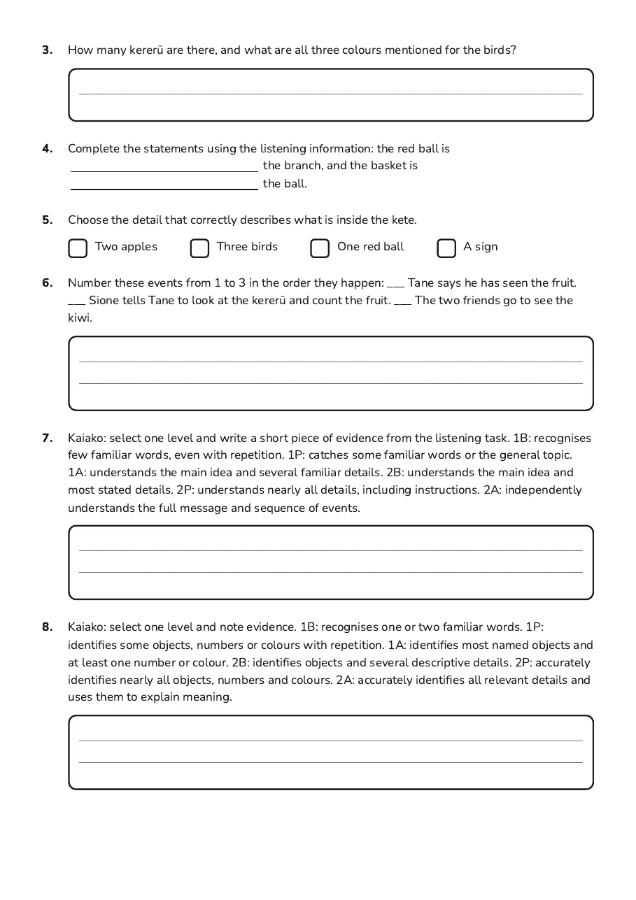 Whakarongo Assessment Rubric Worksheet, page 2 of 3: 3. How many kererū are there, and what are all three colours mentioned for the birds?