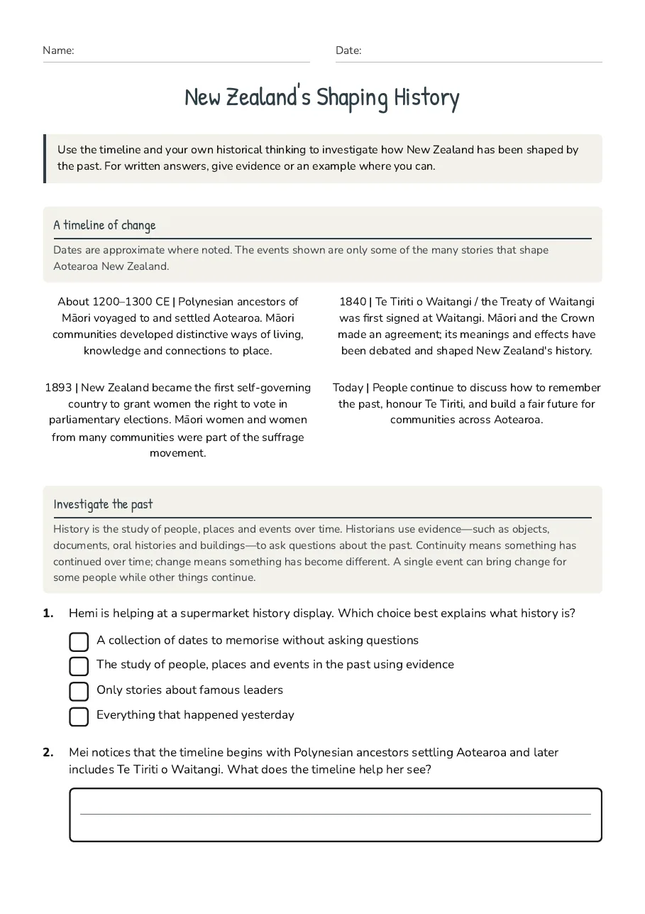 New Zealand's Shaping History, page 1 of 3: A timeline of change, Investigate the past