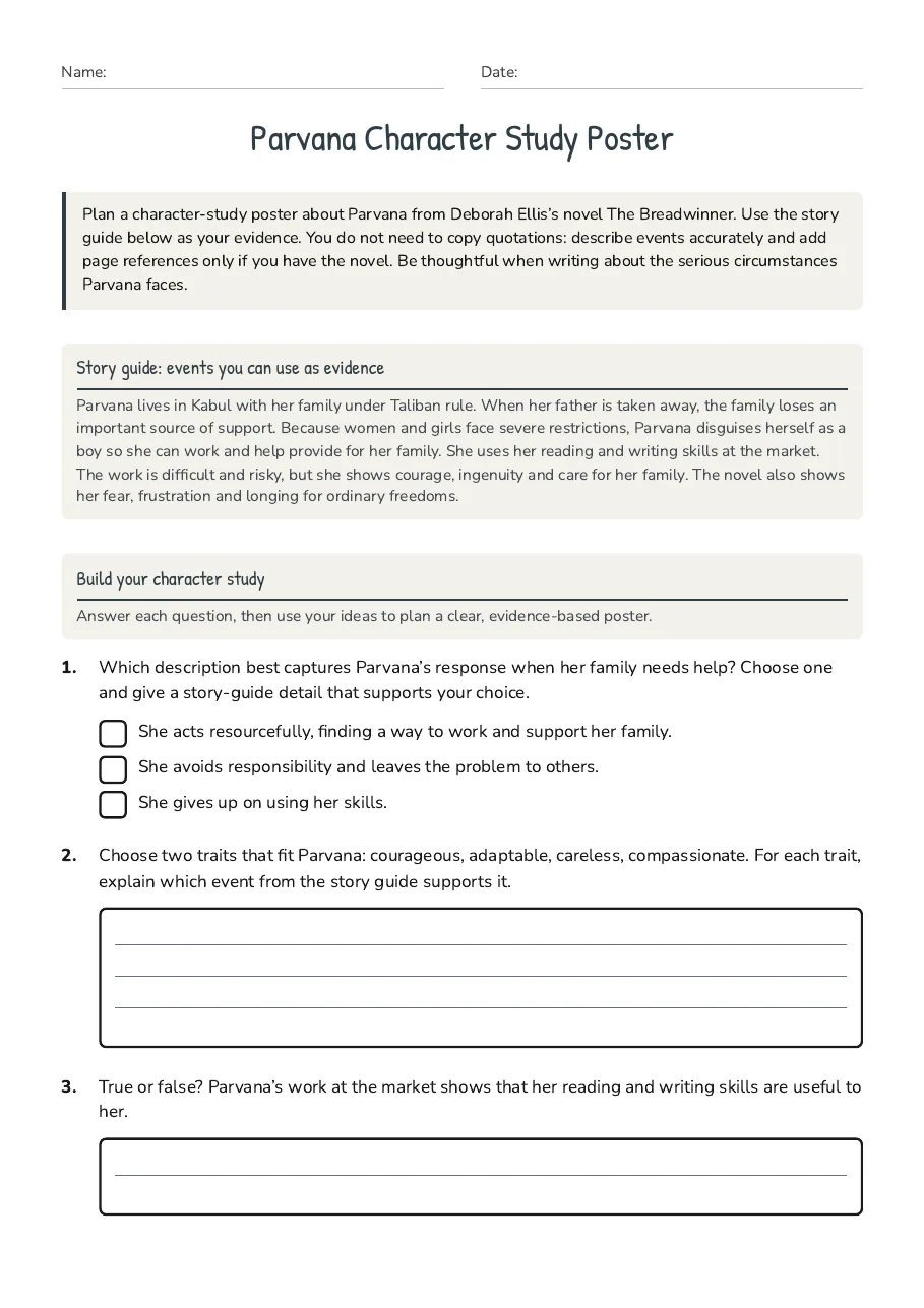 Parvana Character Study Poster, page 1 of 3: Story guide: events you can use as evidence, Build your character study
