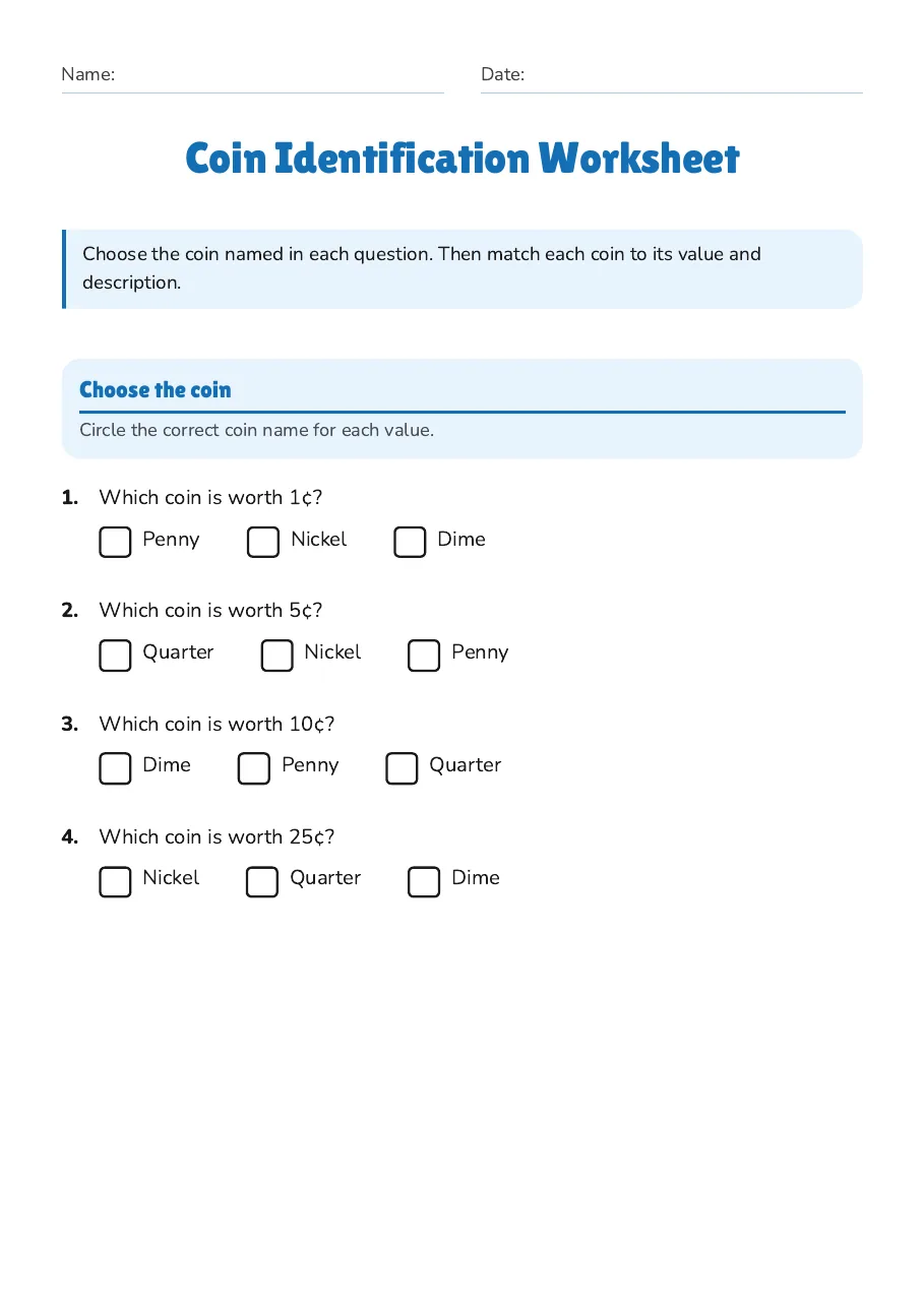 Coin Identification Worksheet, page 1 of 2: Choose the coin