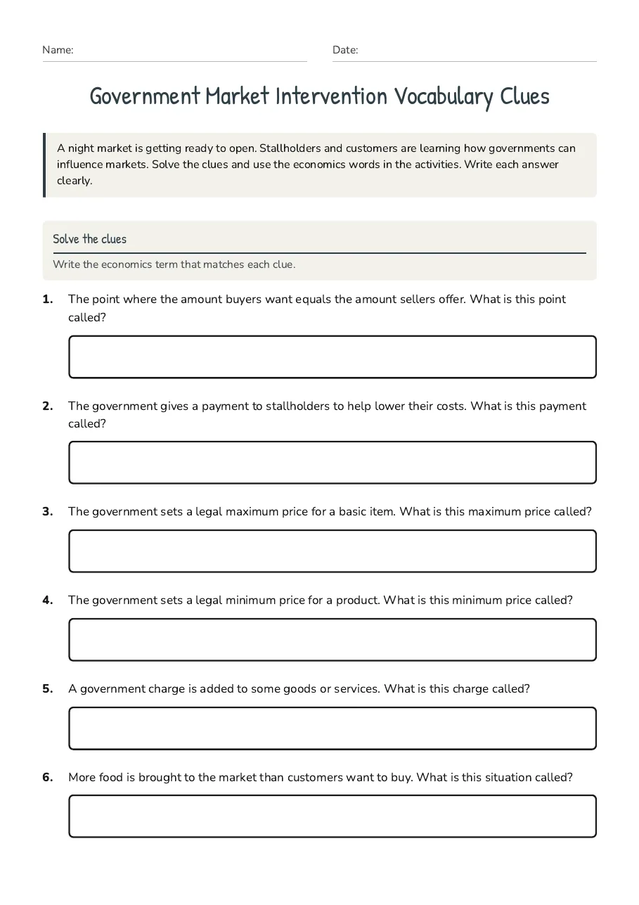 Government Market Intervention Vocabulary Clues, page 1 of 2: Solve the clues