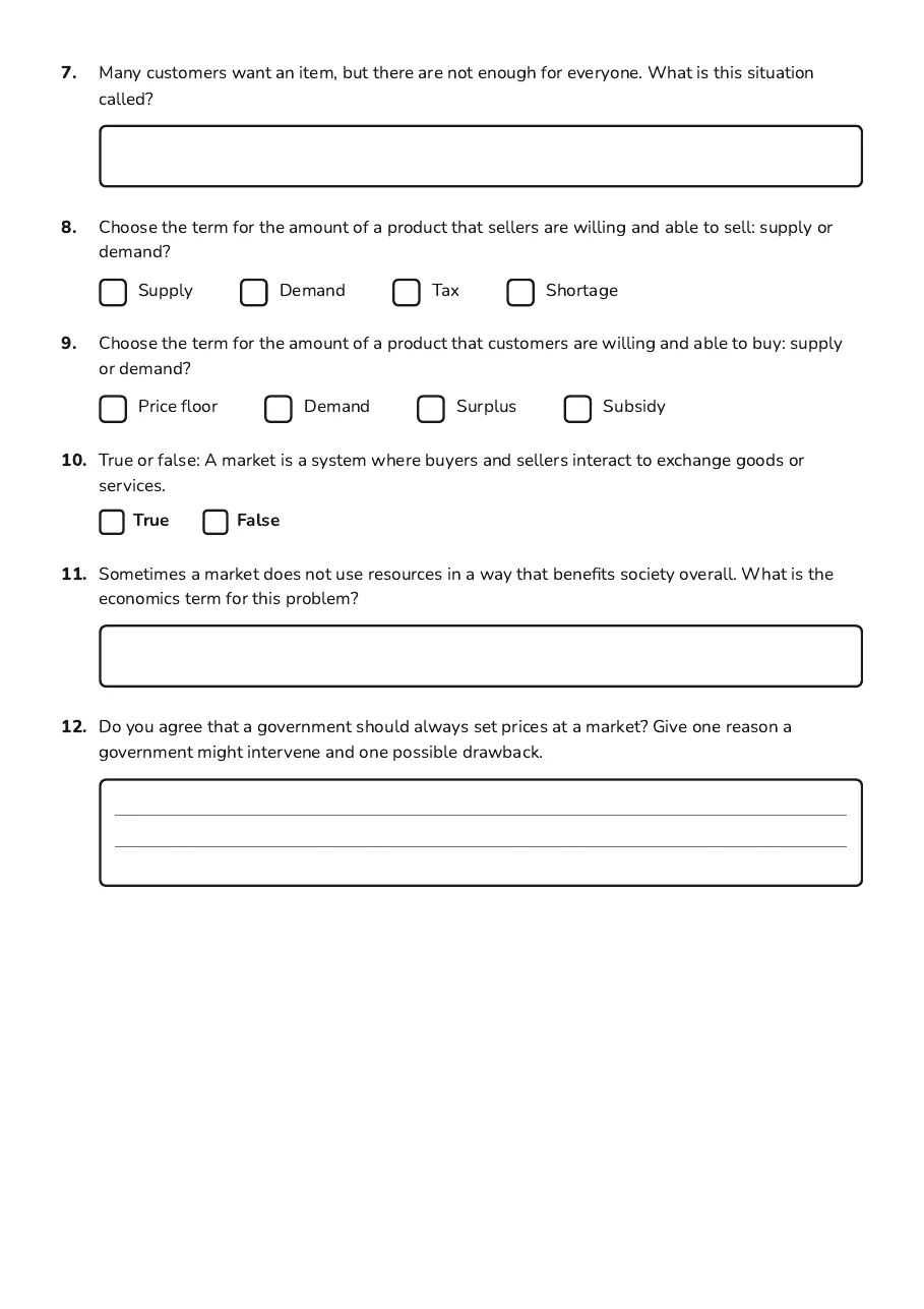 Government Market Intervention Vocabulary Clues, page 2 of 2: 7. Many customers want an item, but there are not enough for everyone. What is this…
