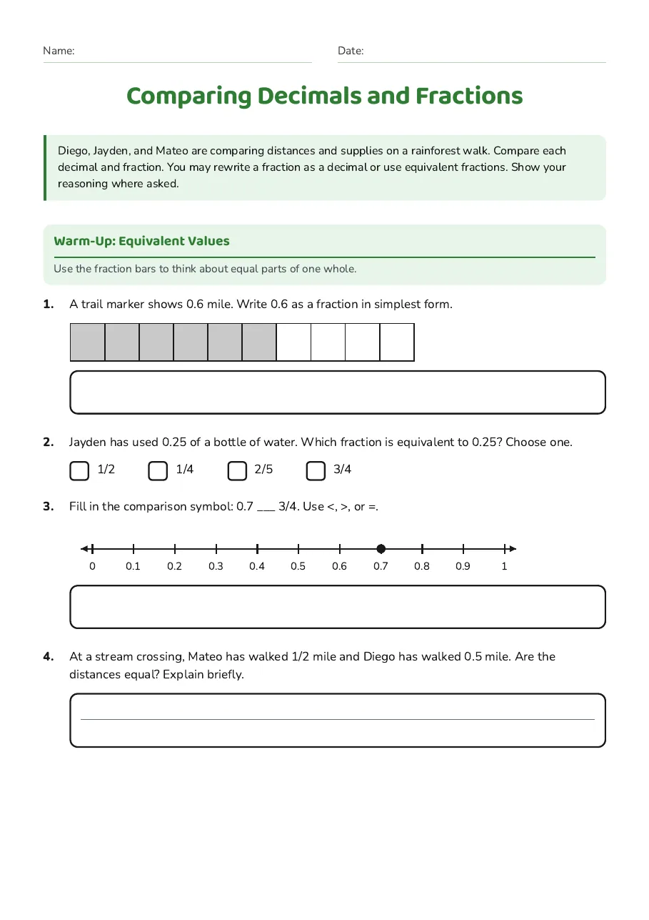 Comparing Decimals and Fractions, page 1 of 3: Warm-Up: Equivalent Values