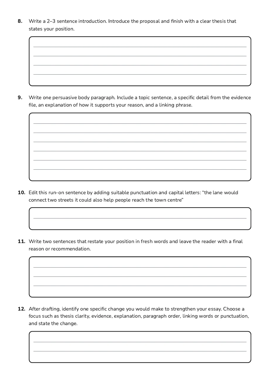 Essay Drafting Workshop, page 3 of 3: 8. Write a 2–3 sentence introduction. Introduce the proposal and finish with a clear…