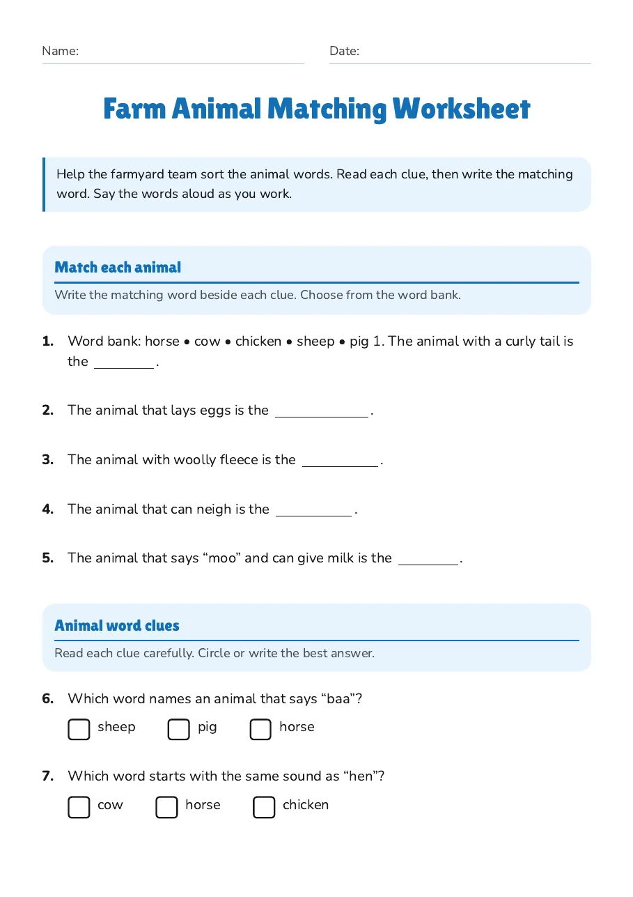 Farm Animal Matching Worksheet, page 1 of 2: Match each animal, Animal word clues
