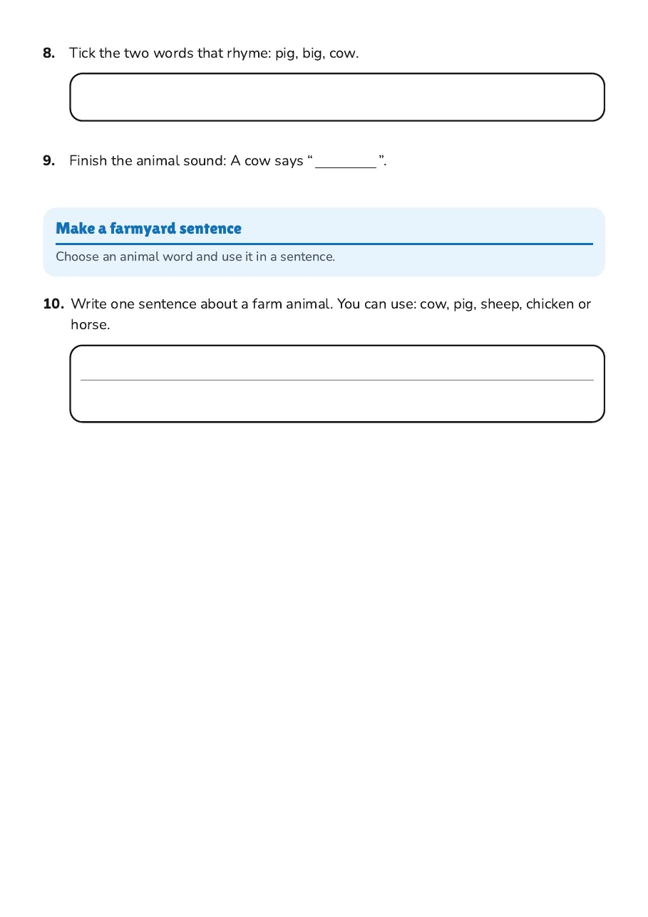 Farm Animal Matching Worksheet, page 2 of 2: Make a farmyard sentence