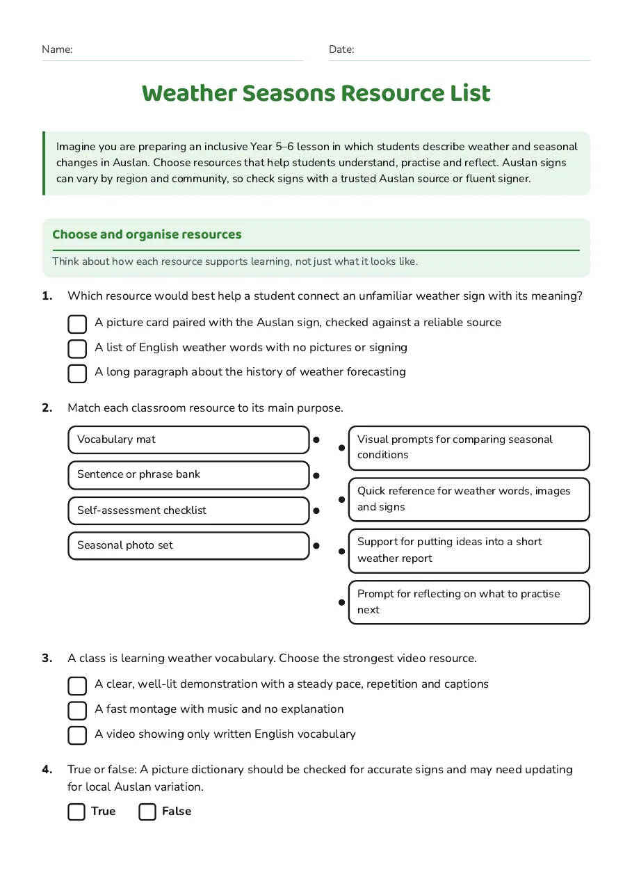 Weather Seasons Resource List, page 1 of 2: Choose and organise resources