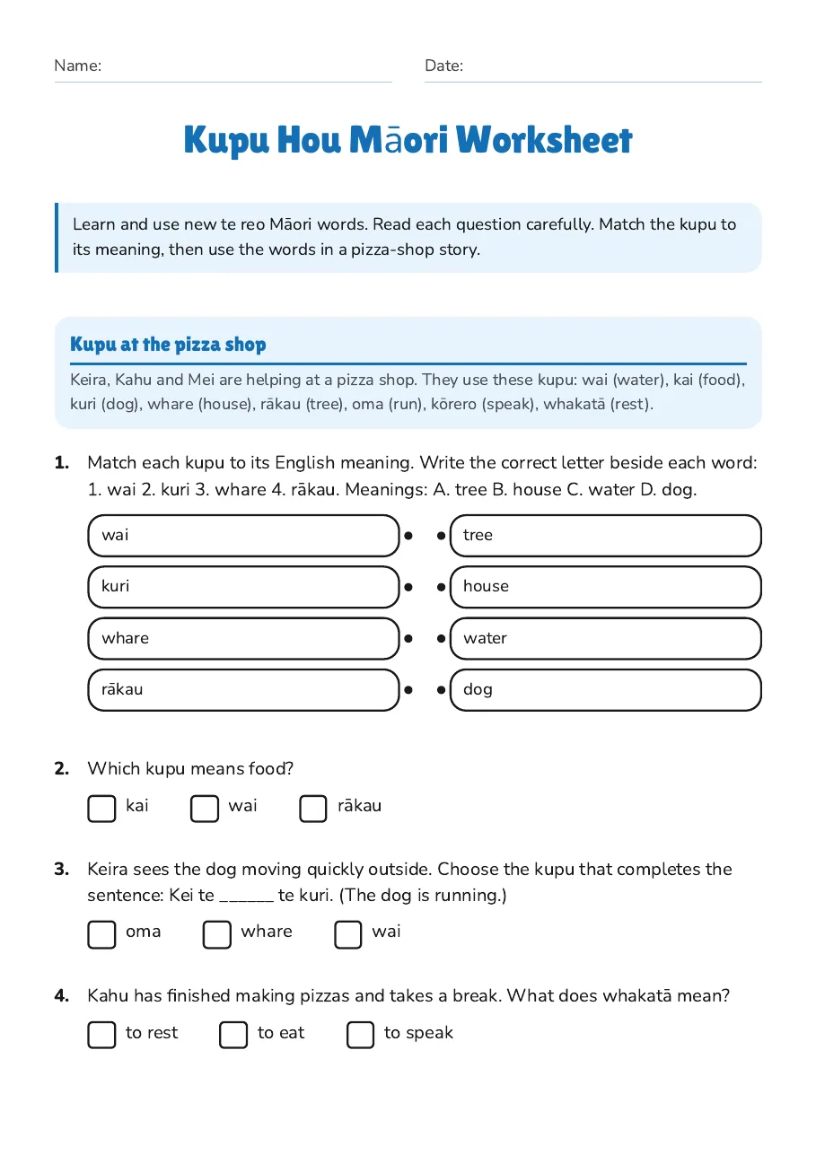 Kupu Hou Māori Worksheet, page 1 of 2: Kupu at the pizza shop