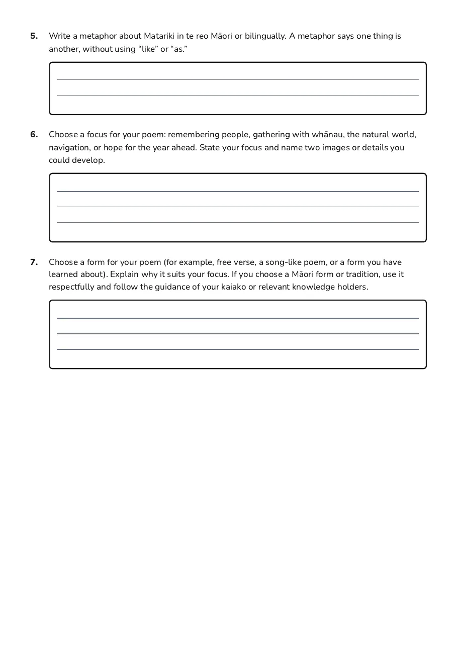 Matariki Poetry Workshop, page 2 of 3: 5. Write a metaphor about Matariki in te reo Mā ori or bilingually. A metaphor says one…