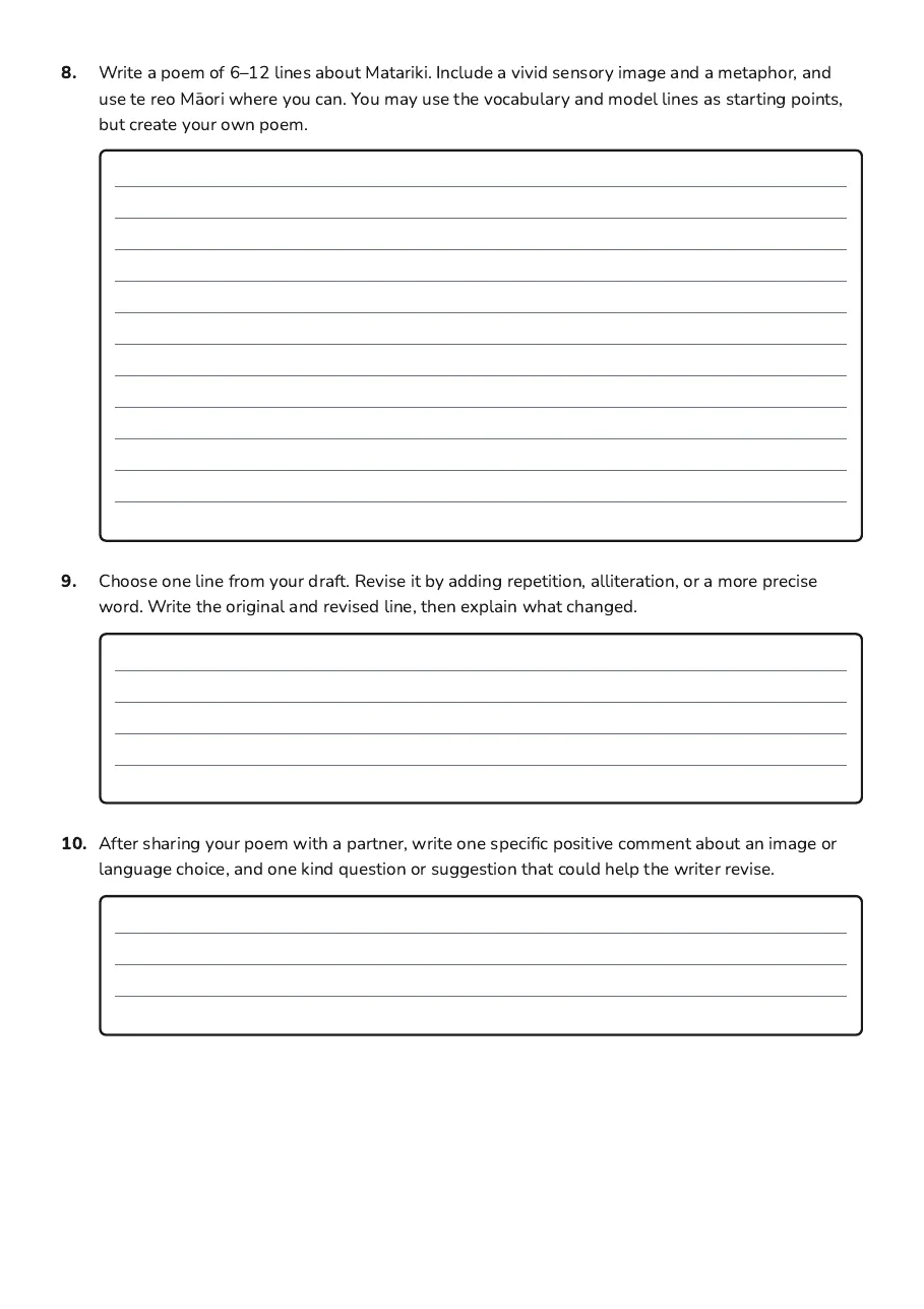 Matariki Poetry Workshop, page 3 of 3: 8. Write a poem of 6–12 lines about Matariki. Include a vivid sensory image and a…