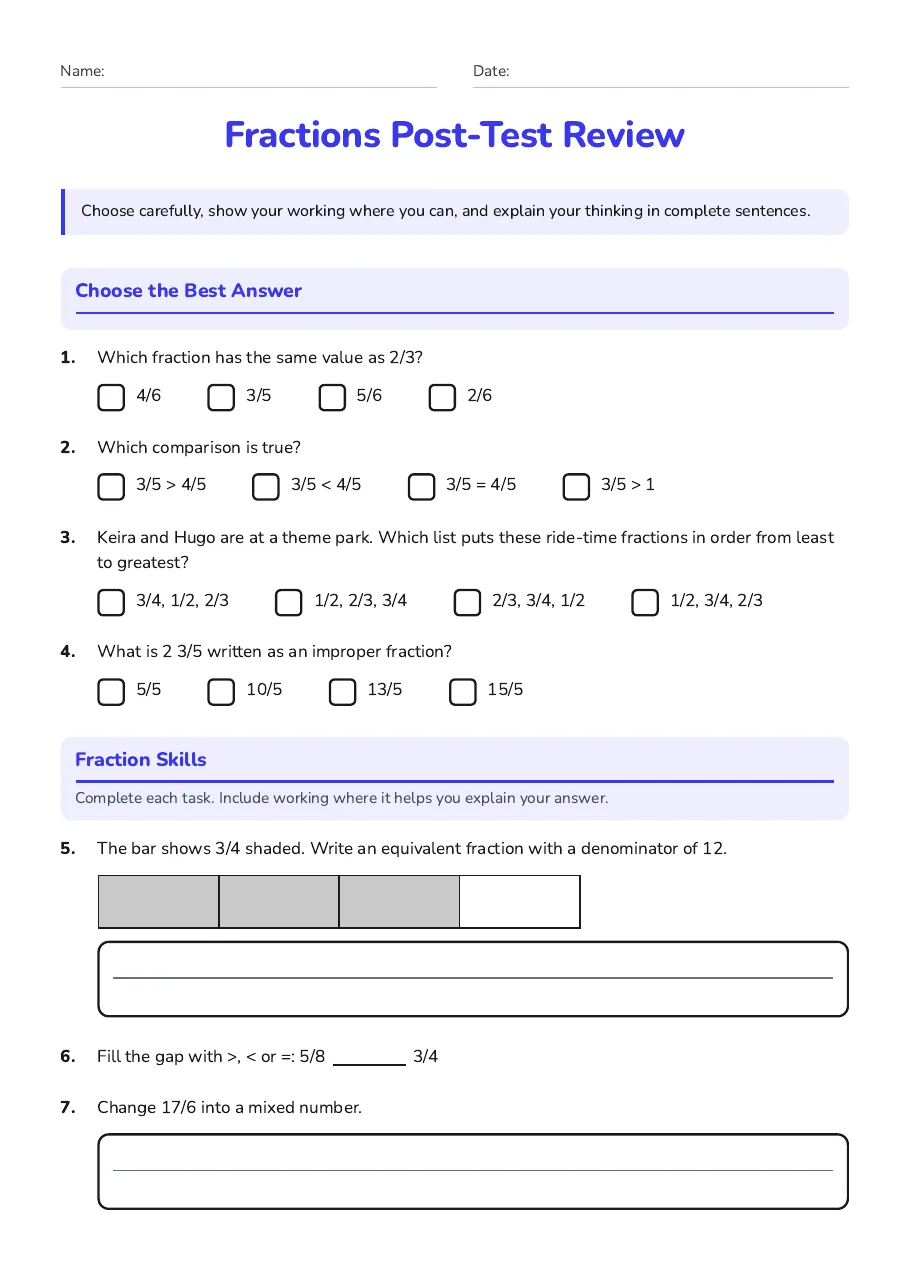 Fractions Post-Test Review, page 1 of 2: Choose the Best Answer, Fraction Skills