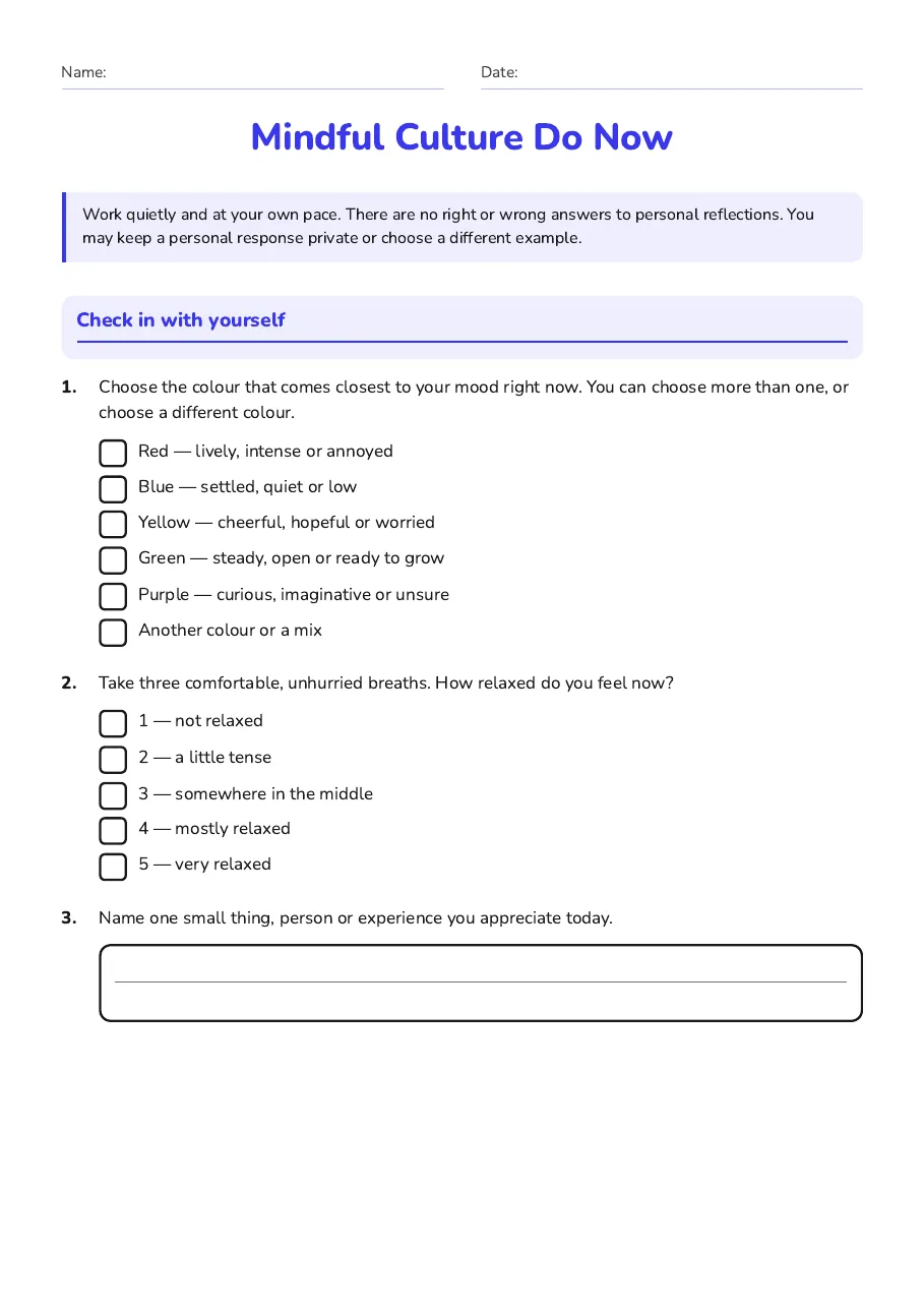 Mindful Culture Do Now, page 1 of 2: Check in with yourself
