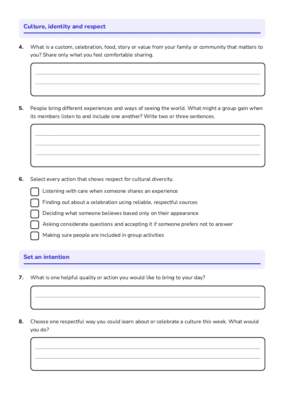 Mindful Culture Do Now, page 2 of 2: Culture, identity and respect, Set an intention