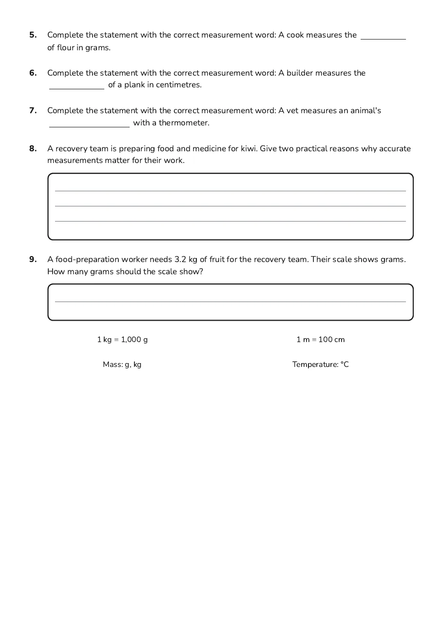 Measurement questions about baking, shelter building, animal care, fabric, and metric unit conversions.