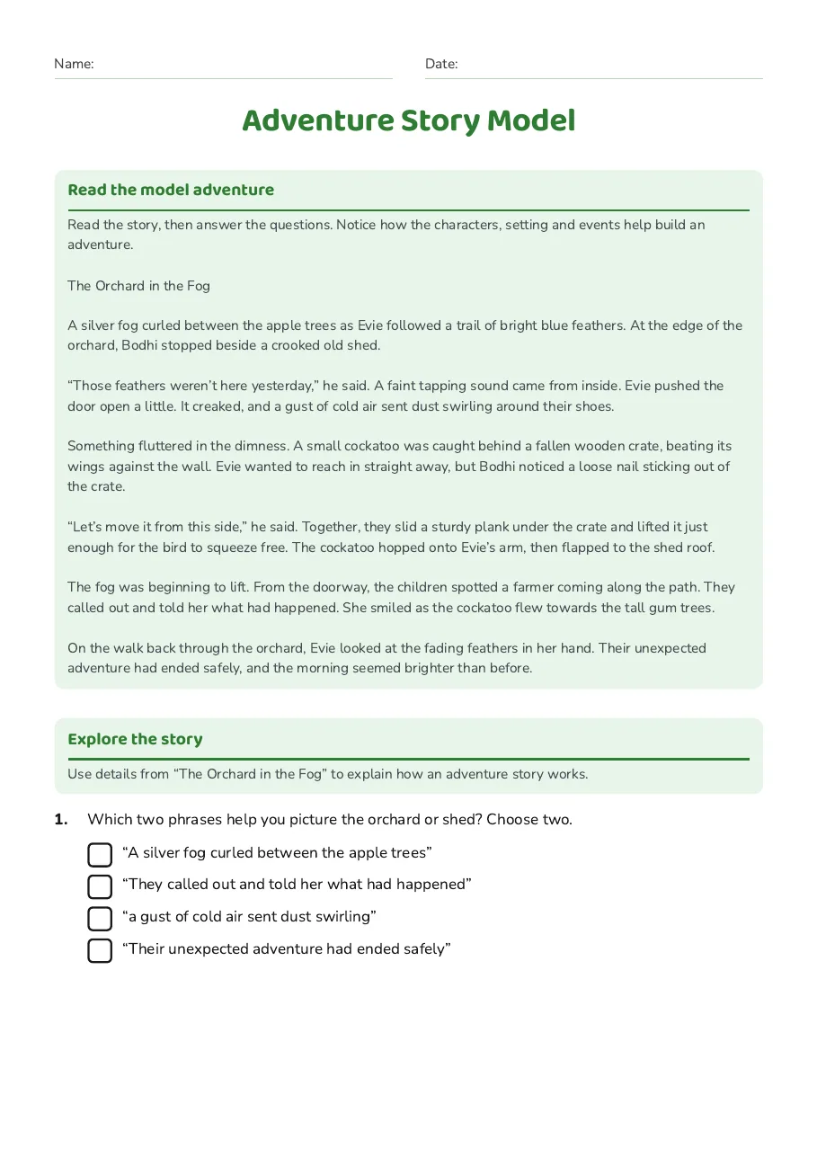 Adventure Story Model, page 1 of 3: Read the model adventure, Explore the story