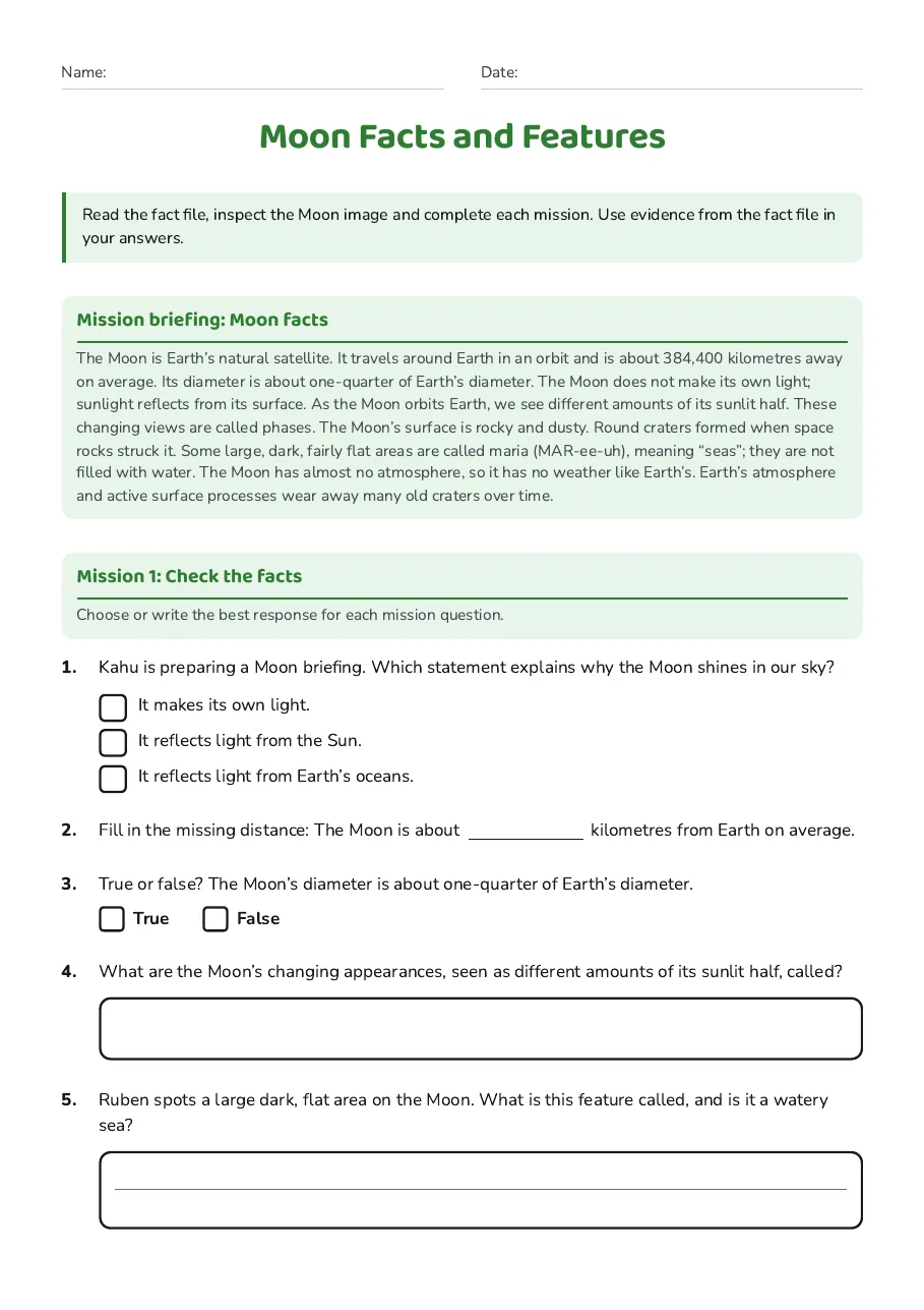 Moon Facts and Features, page 1 of 2: Mission briefing: Moon facts, Mission 1: Check the facts